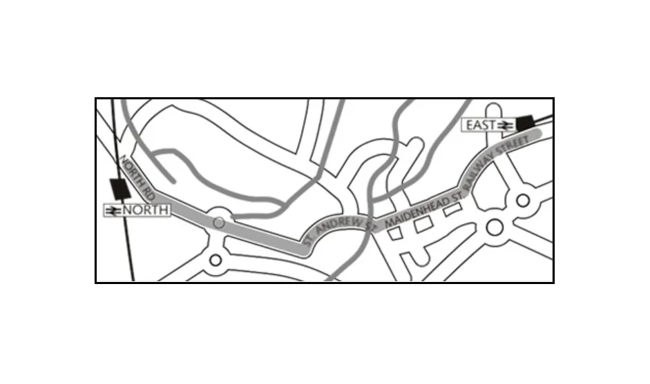 Map of street-level route between stations