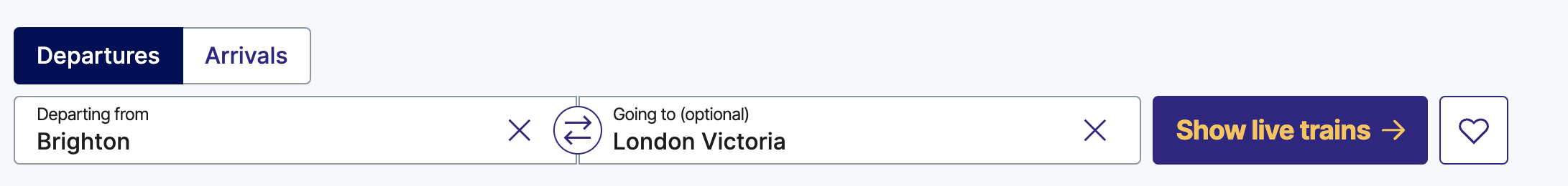example of live trains departure board image from the National Rail website. Next to the departure and arrival station and show live trains button there is a heart icon that can be used to select it as a favourite