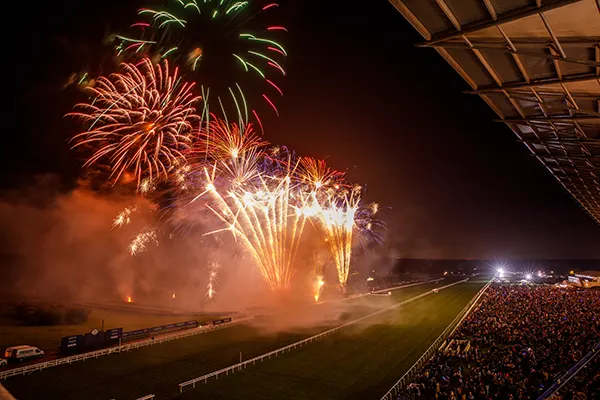 Multicoloured fireworks exploding over a racecourse at night, with crowds of people in the stands. 