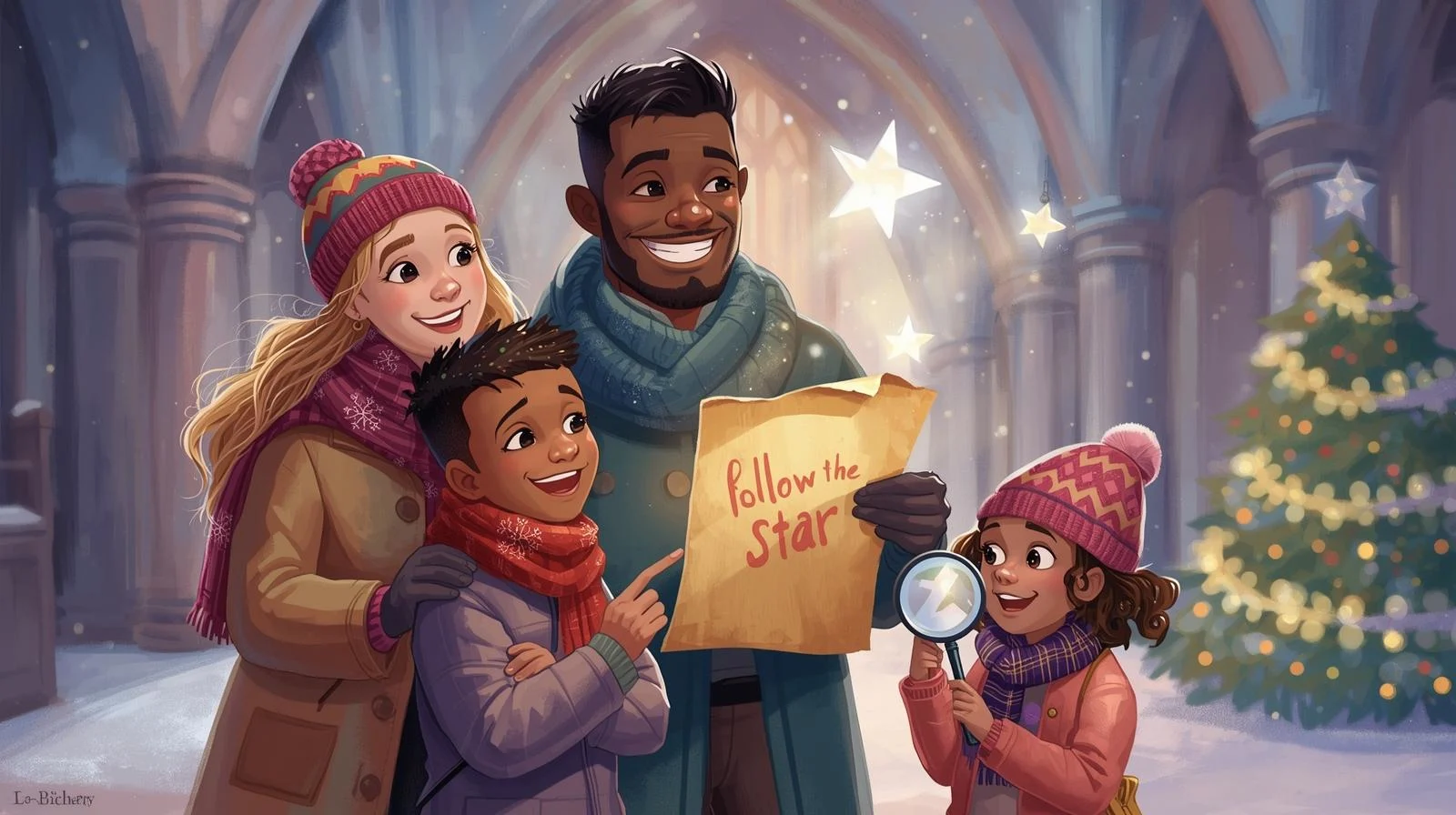 Illustration of a family in winter clothing holding a map that says "Follow the Star" in a cathedral with Christmas tree and glowing stars