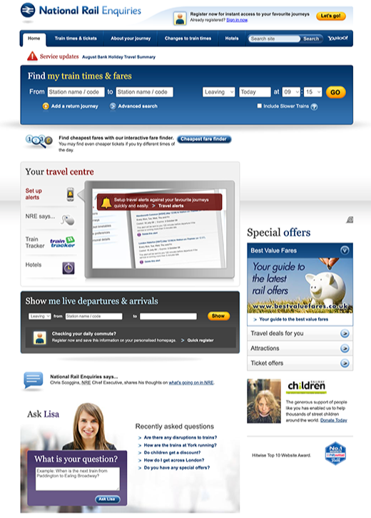 image of the National Rail website homepage from 2010 with different sections for finding train times, live trains and more 