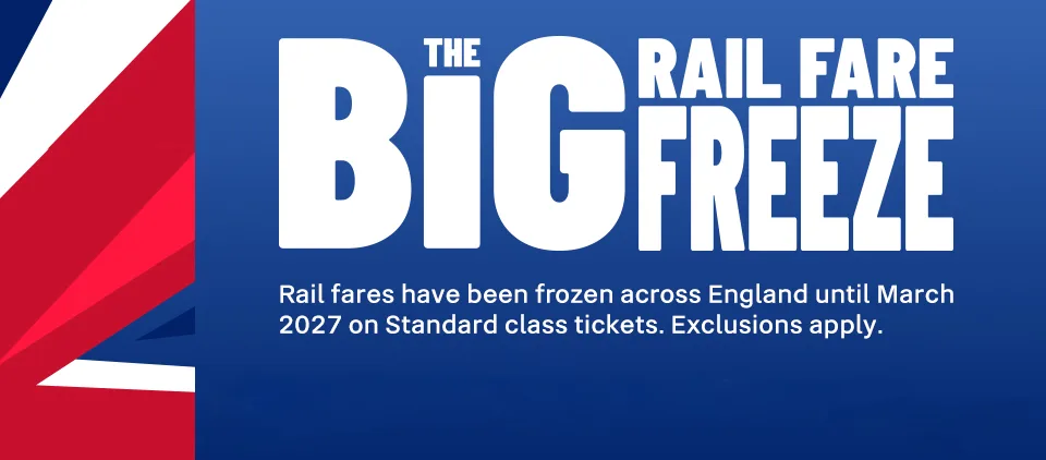 Stylised Union Jack image with blue background and white text, the headline is THE BIG RAIL FARE FREEZE