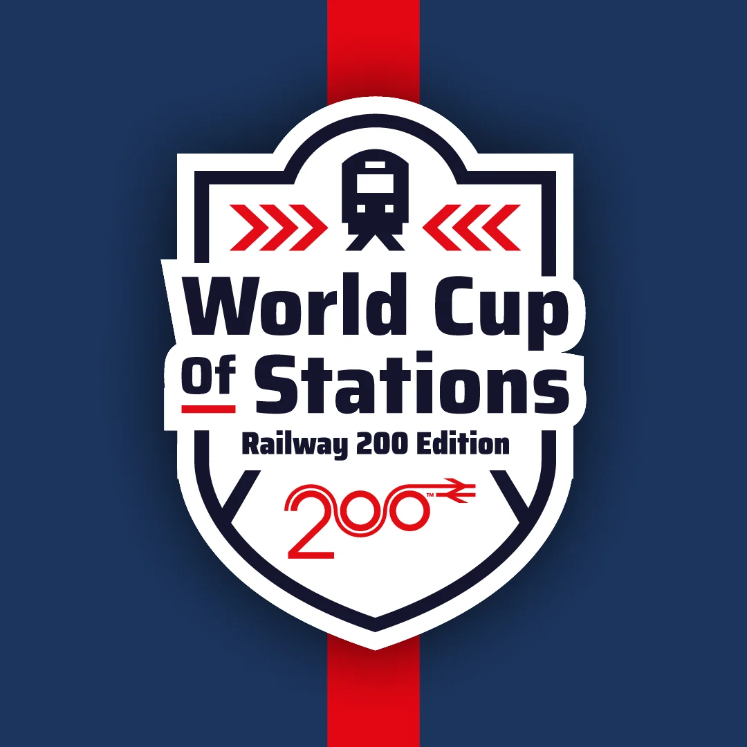An illustration of a shield with the words WORLD CUP OF STATIONS RAILWAY 200 EDITION on it. 