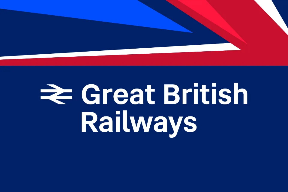 Great British Railways logo on dark blue background with stylised Union Jack design and double arrow symbol.