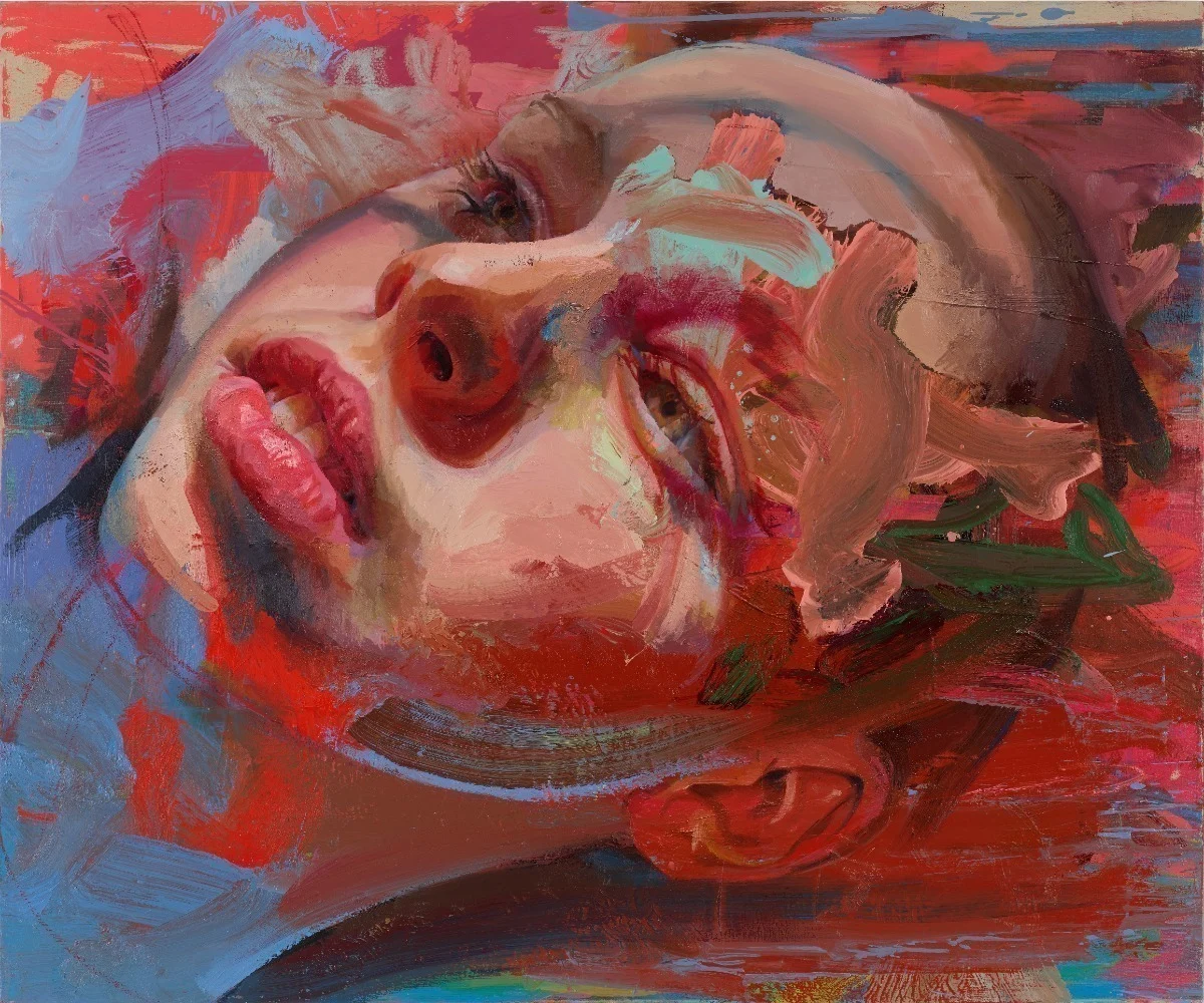 An oil painting of the face of a young white woman lying down. 