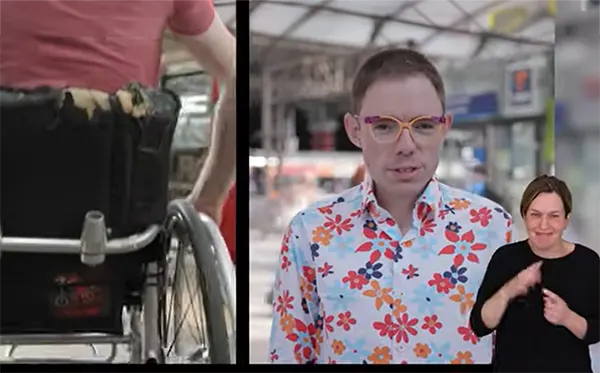 A split image showing a wheelchair user on the left, and a person in a floral shirt with a sign language interpreter on the right.