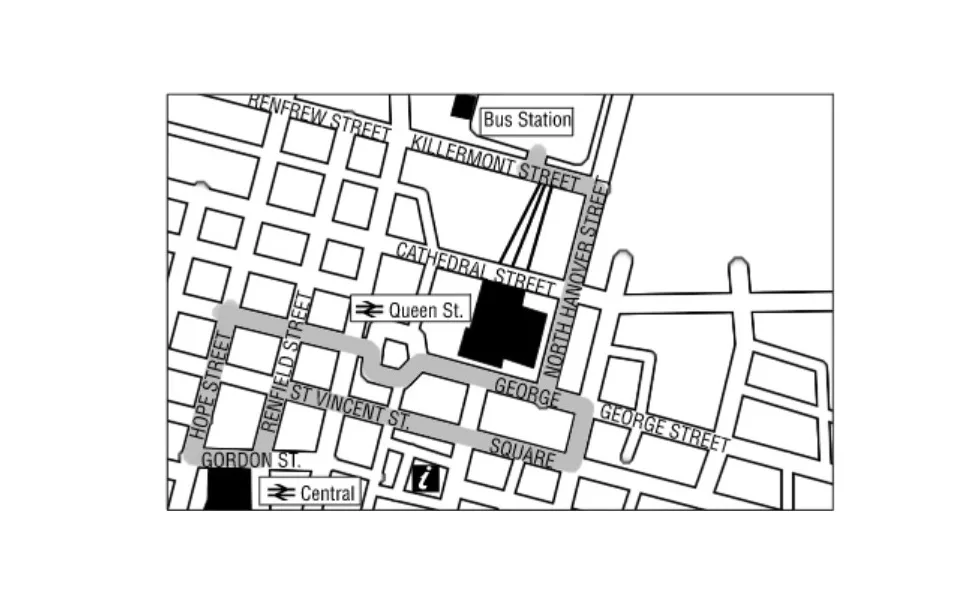 Map of street-level route between stations