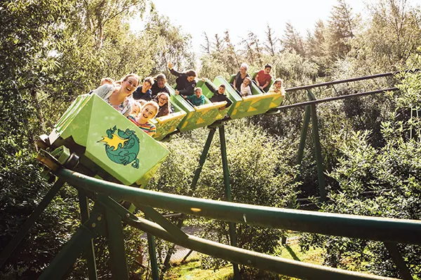 A small roller coaster travelling through a canopy of trees. 