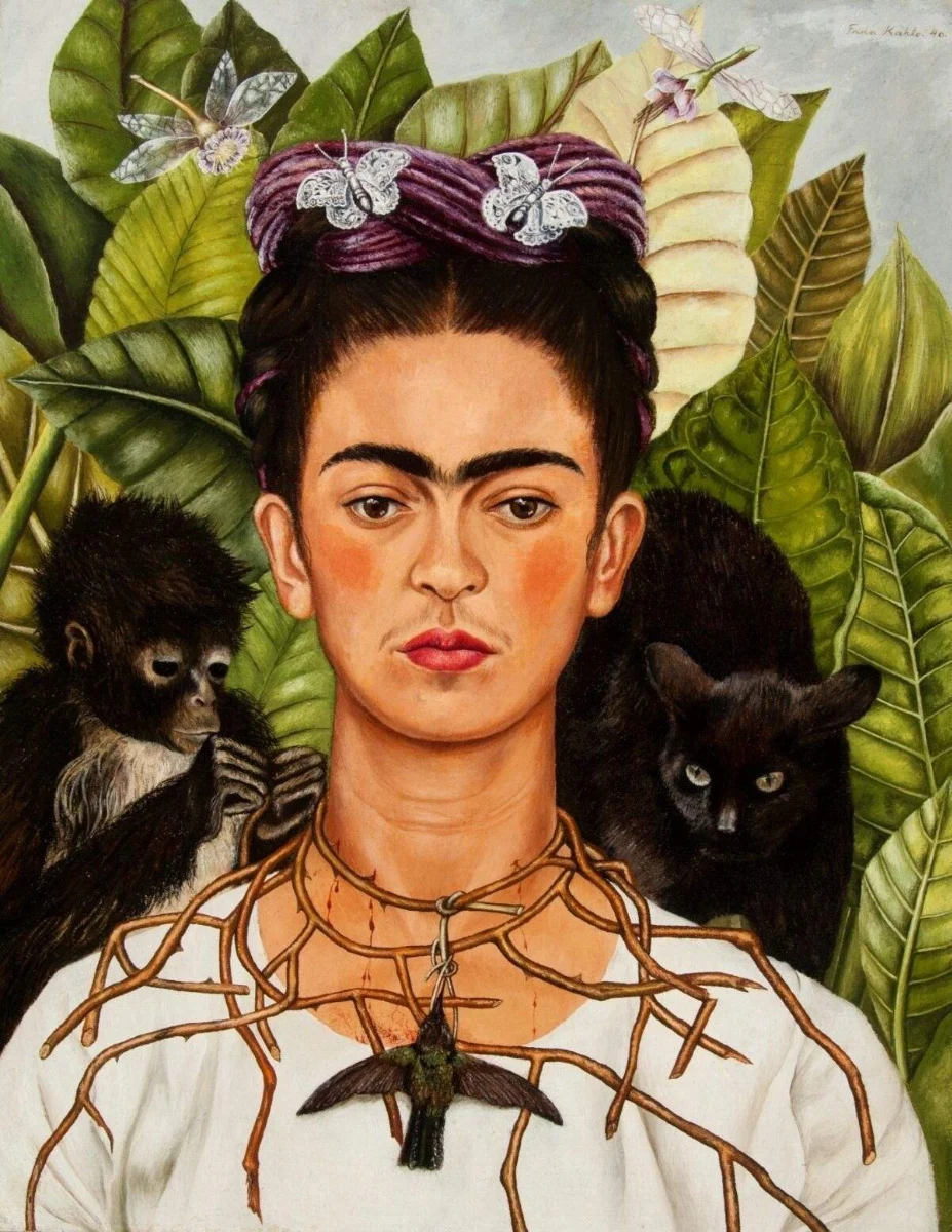 Frida Kahlo's self-portrait with thorn necklace, featuring a monkey, black cat, butterflies, and lush green foliage.