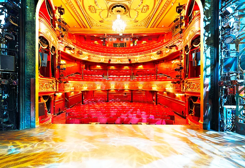 The view from a theatre stage looking into an empty ornate auditorium with rows of red seats.
