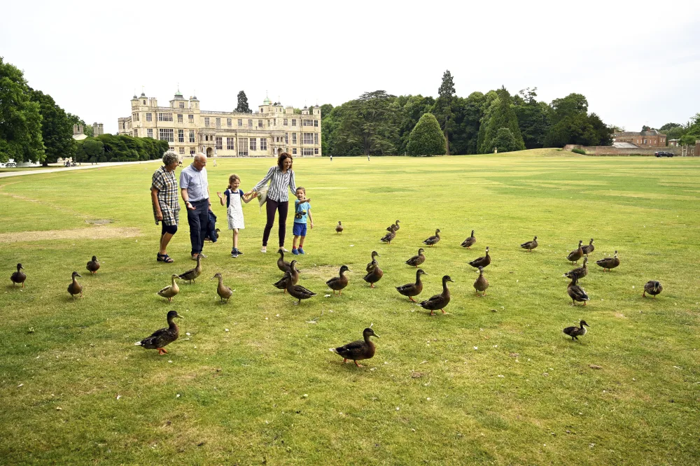 A family of a mother and grandparents hold hands with two children while chasing ducks on the lawn of Audley End House and Gardens. House sits in background under a grey sky.