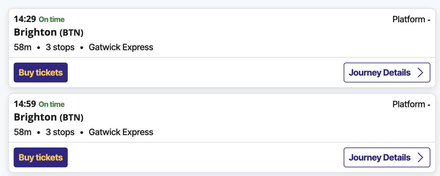 example of a screen shot showing live trains search results from an example station. example of a screen shot showing live trains search results from an example station. The two results shown included their departures times, length of journey, calling points, platform number and train operator, and a further link to more info.