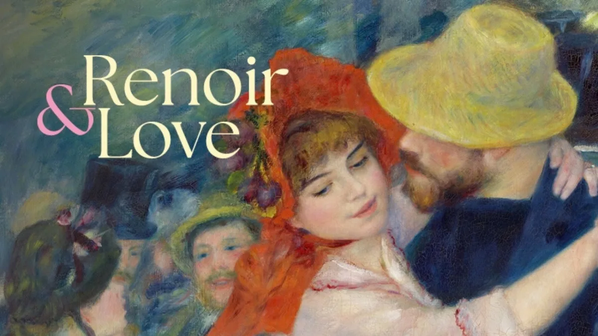 Renoir & Love exhibition graphic featuring a detail of a couple dancing, painted in Renoir's Impressionist style.