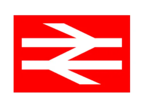 The National Rail double arrows logo in white on a red background.