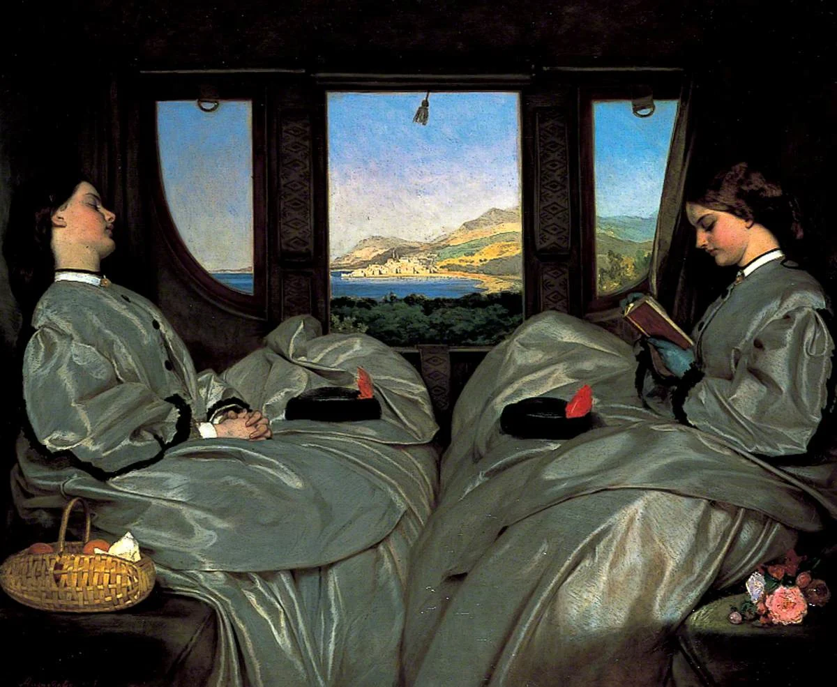 A Victorian-era oil painting of 2 young women with dark hair and matching green dressed sitting in a railway carriage with a view of sea and cliffs from the window. 