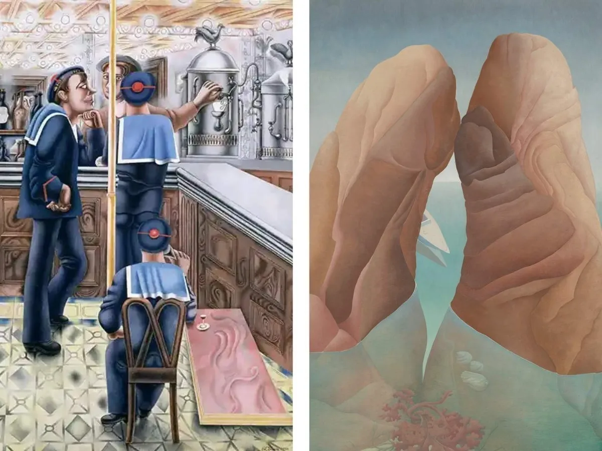 A painting of 3 sailors by Edward Burr and a surrealist painting by Ithell Colquhoun