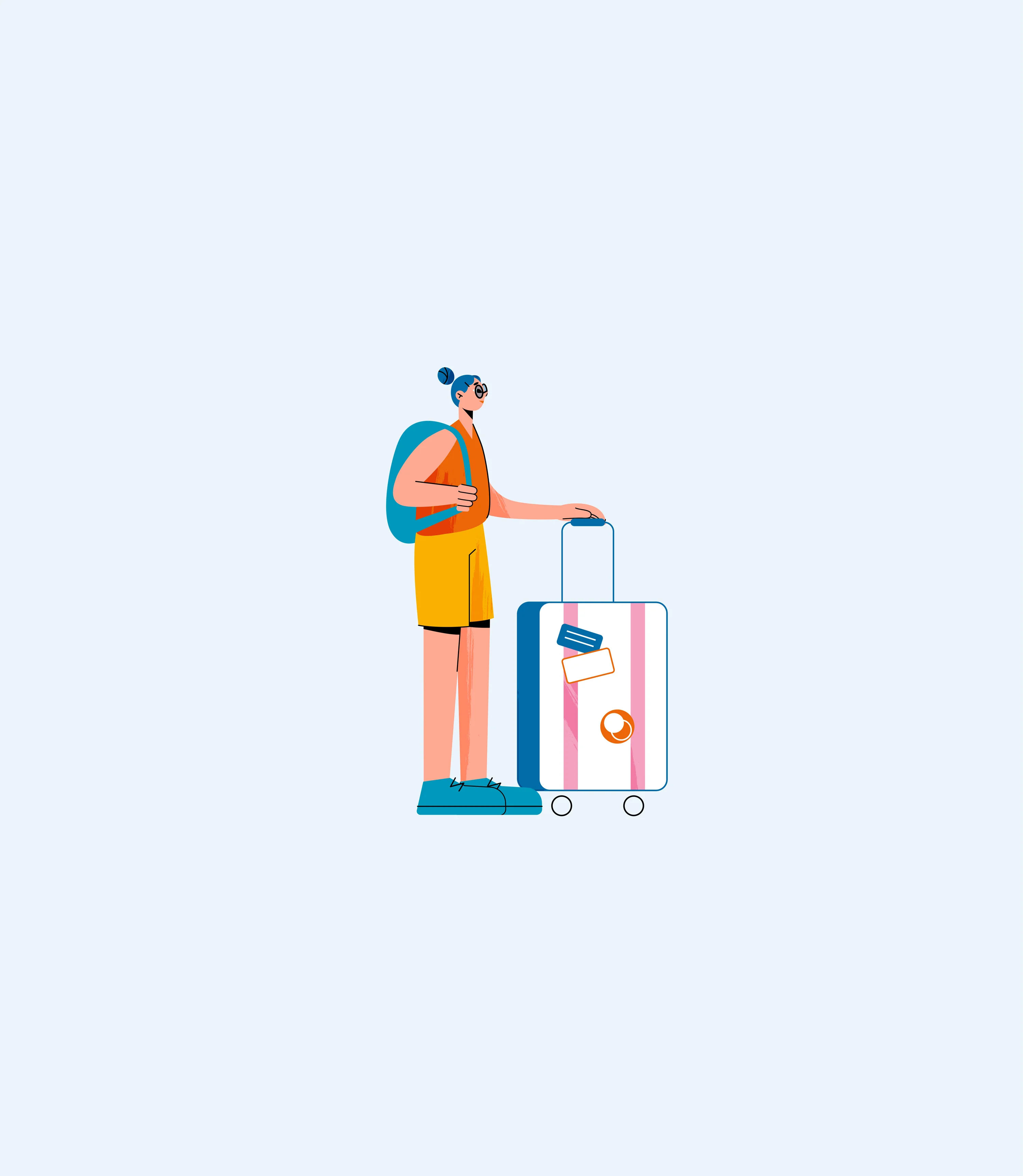 A cartoon image of a woman in Sumer clothes with a backpack and suitcase. 