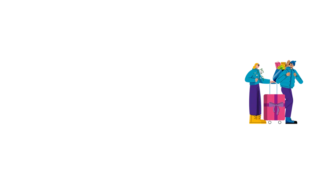 Two illustrated figures in teal jackets and purple trousers stand with a pink gift-wrapped suitcase and colourful presents.
