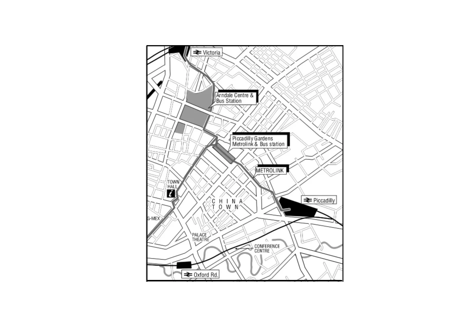 Map of street-level route between stations