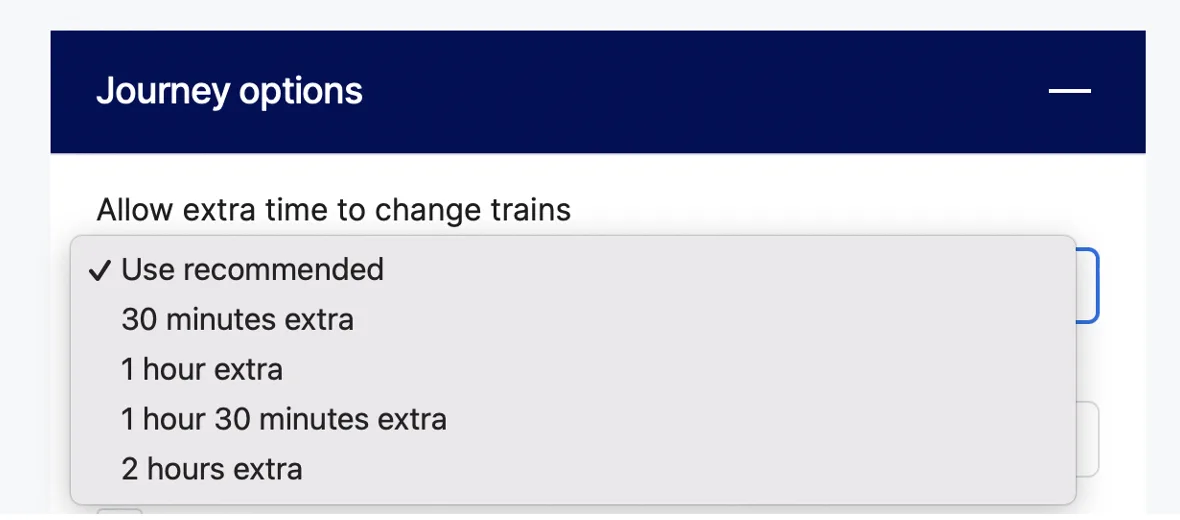 Interface of the National Rail Journey Planner where you can choose your time allowed to change trains.