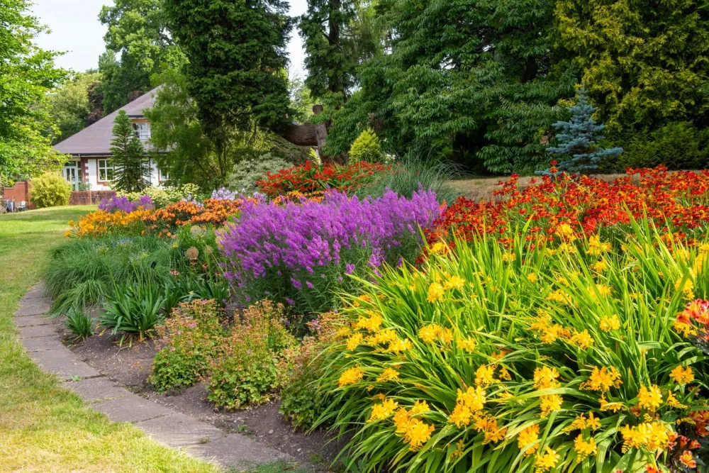 A vividly coloured herbaceous border at Birmingham Botanical Gardens on a sunny day