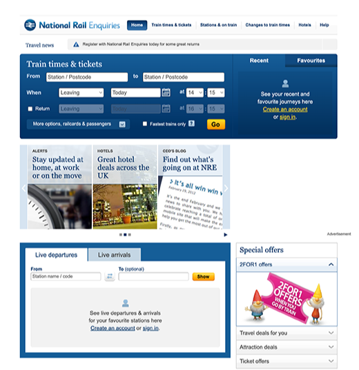 image of the National Rail website homepage from 2012 with different sections for finding train times, live trains and more in shades of blue and grey
