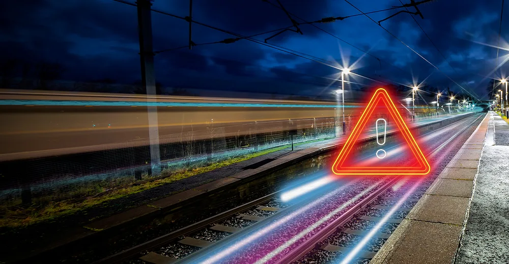 Night-time railway platform with light trails from a passing train and a icon of a glowing red warning triangle sign against dark blue sky.