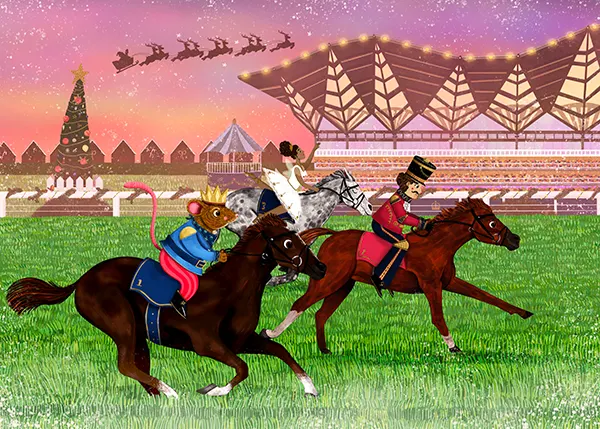 Cartoon of a horse race where the riders are a mouse, a toy solider and a ballerina.