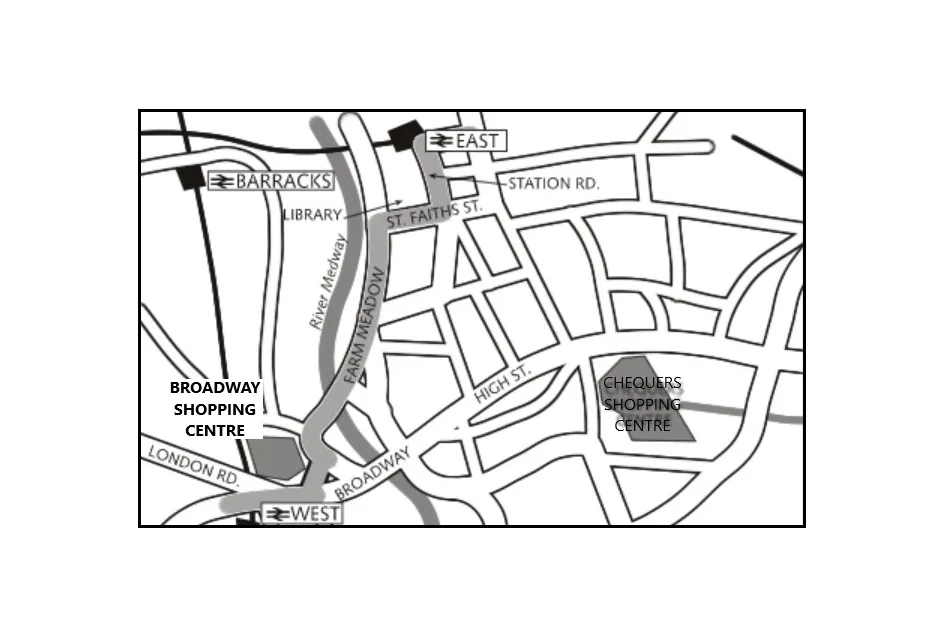 Map of street-level route between stations