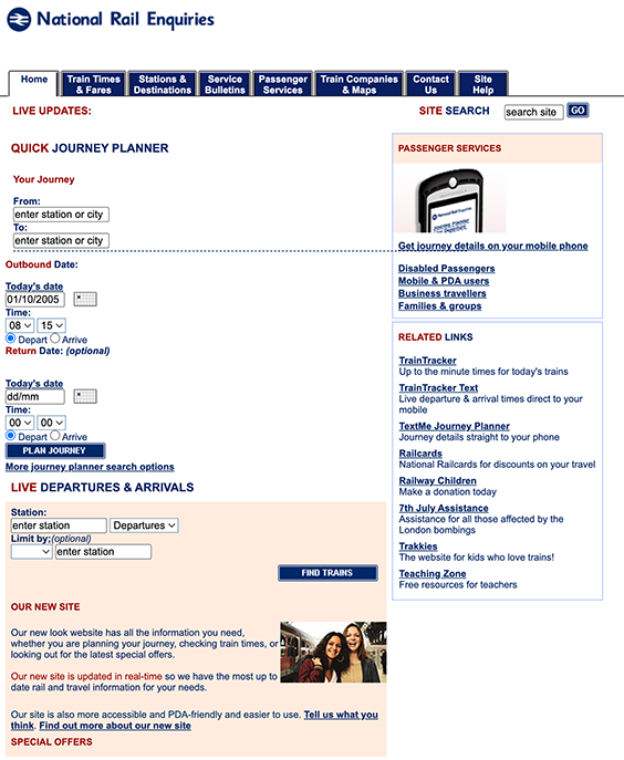 image of the National Rail website homepage from 2005 with blue text links and some small photographs on a white background