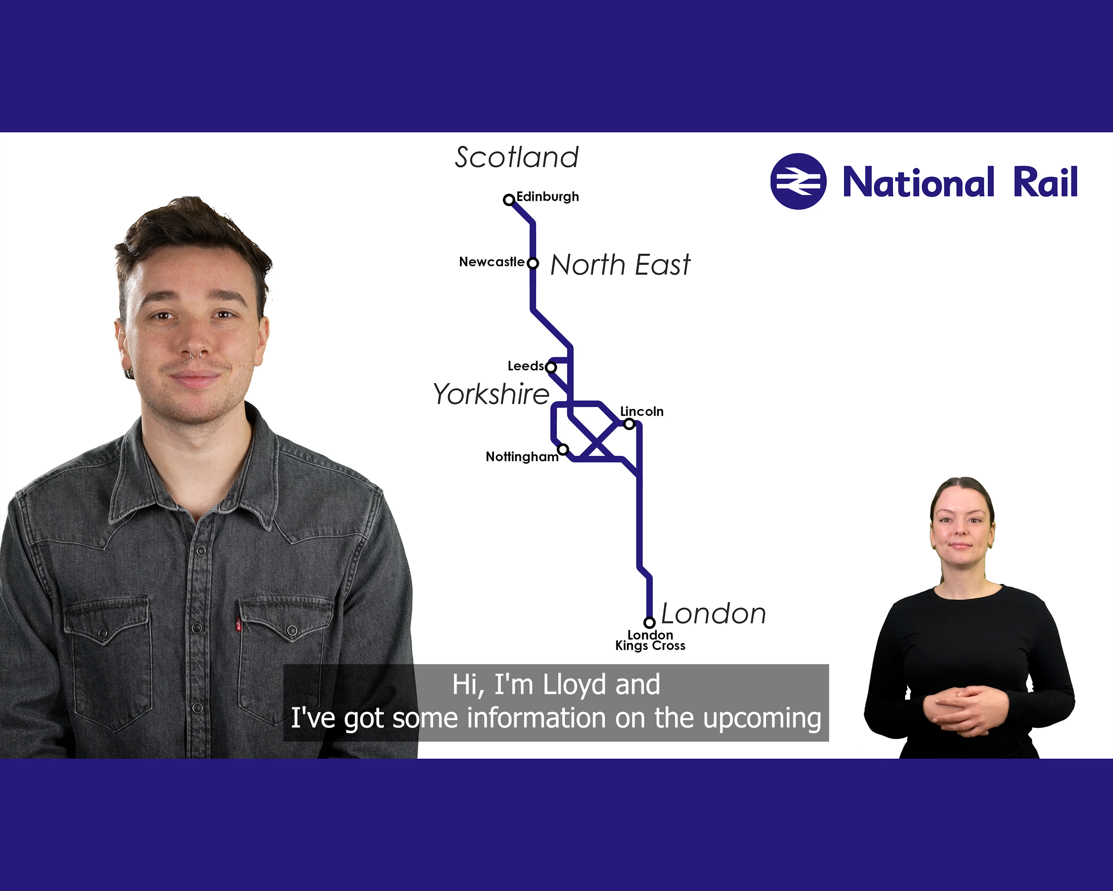 Still from a video with a man standing in front of a rail map and a woman providing sign language. 