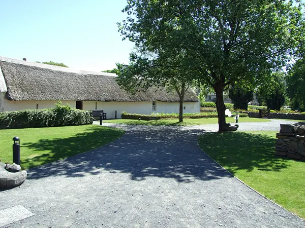 Traditional white cottage with thatched roof surrounded by green lawn, trees and a stone pathway on a sunny day.