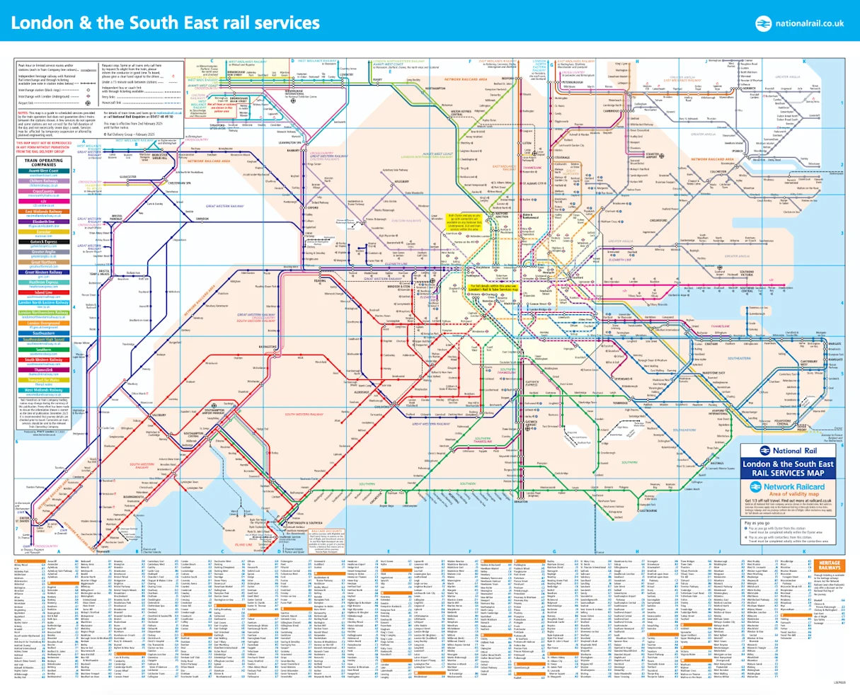 Map of rail services in London and the south east, as well as Network Railcard validity area