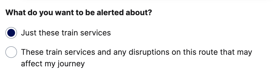 example of the National Rail website section for selecting the kind of rail journey alert you want