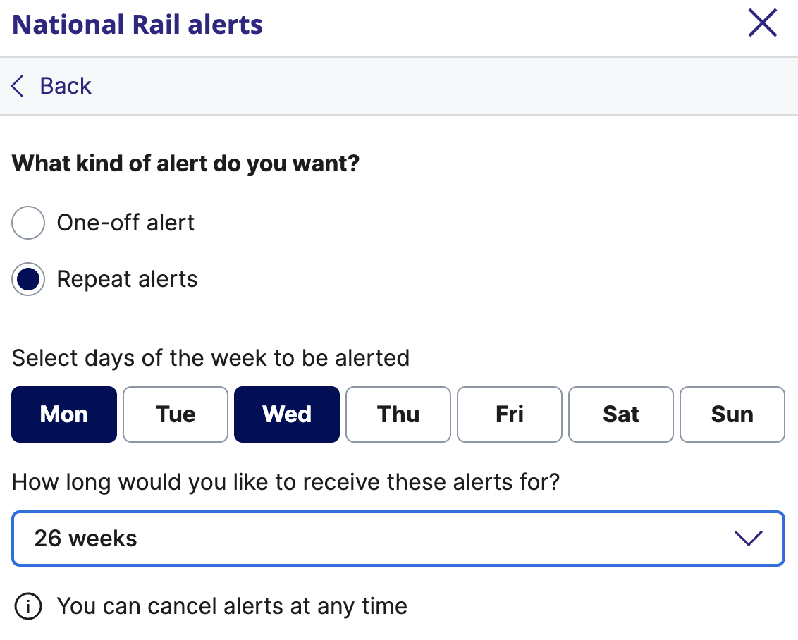 example of a National Rail website section for selecting the frequency of rail journey alerts requested