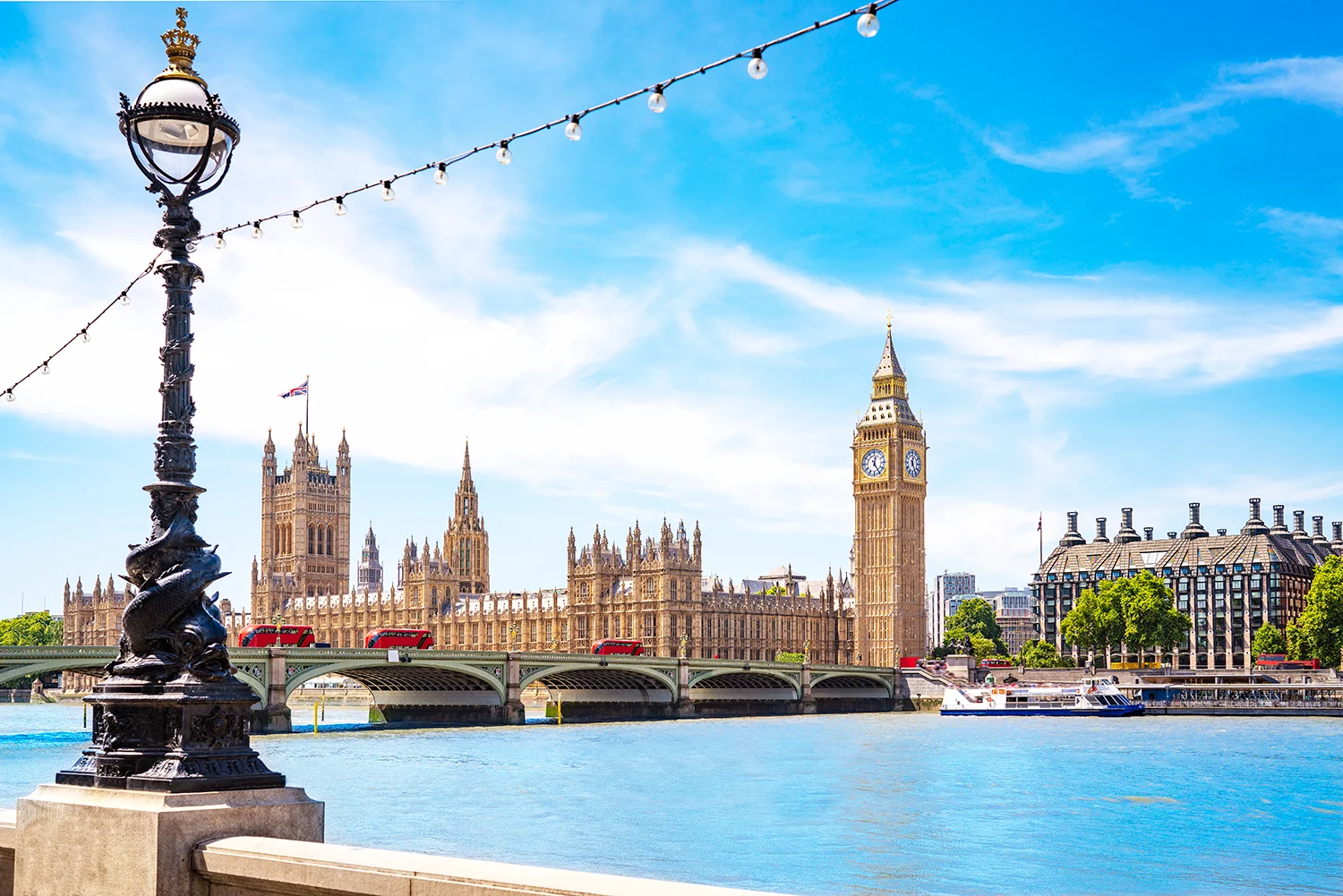 A view from the south side of the river Thames on a sunny day, looking across at the Houses of Parliament.
