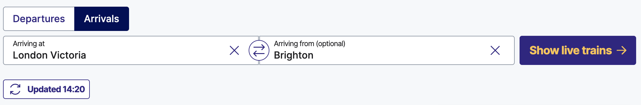 example of live trains departure board image from the National Rail website. It shows where the customer has input a journey arriving at London Victoria from Brighton then the button to show live trains