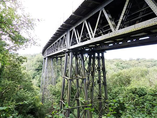 A large grey metal viaduct surrounded by green woodland. 
