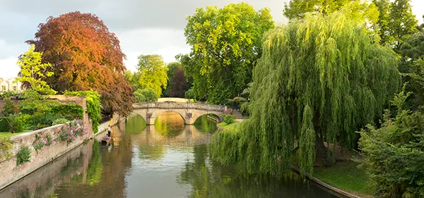 A narrow river with stone bridges across and tree-lined banks. 