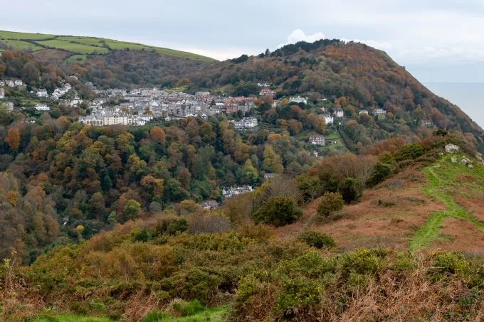 Village of grey and white building sit distantly amongst autumnal setting of green and brown leaved trees.
