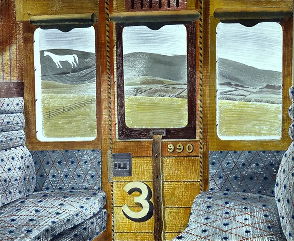 A painting (dated 1940) of the inside of an empty passenger carriage on a train, looking out the window to green fields and hills. 