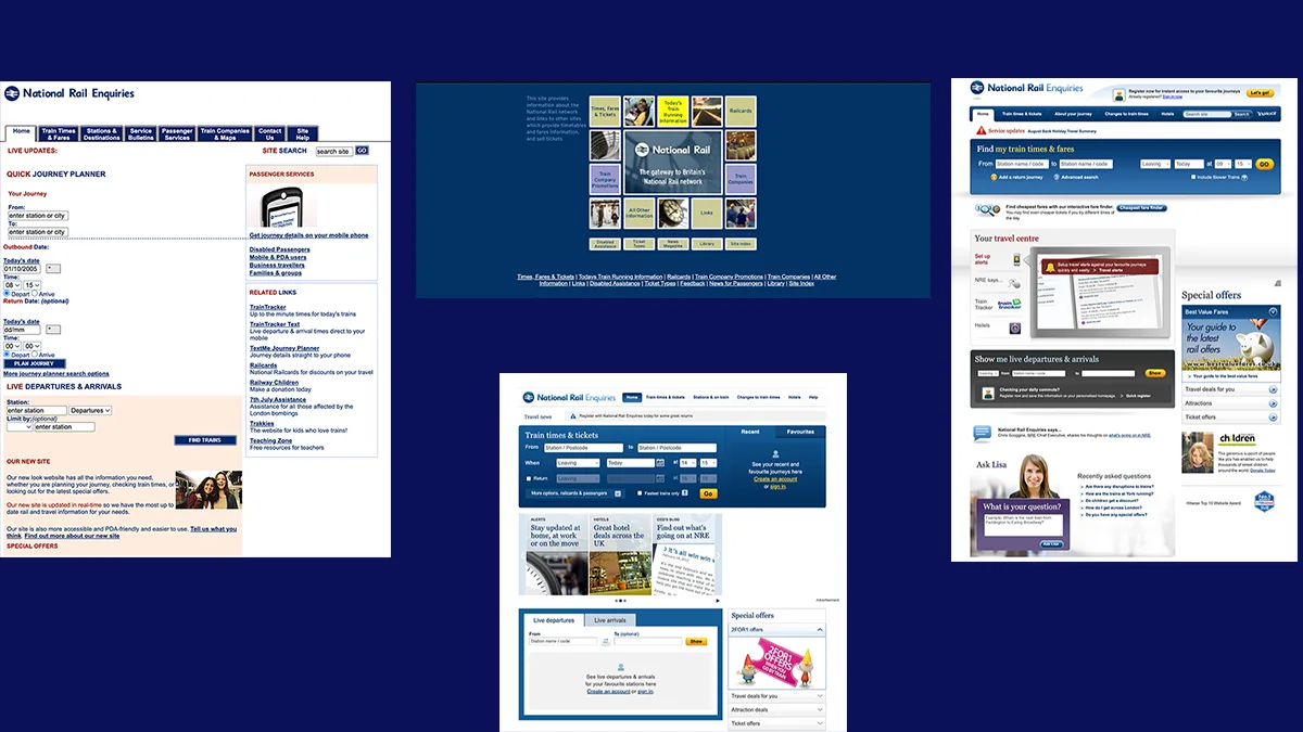 4 different versions of the National Rail website homepage over the years.