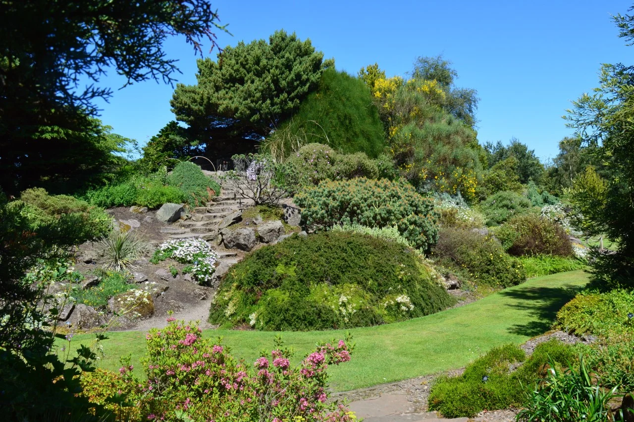 A picturesque formal garden with stone steps to one side.