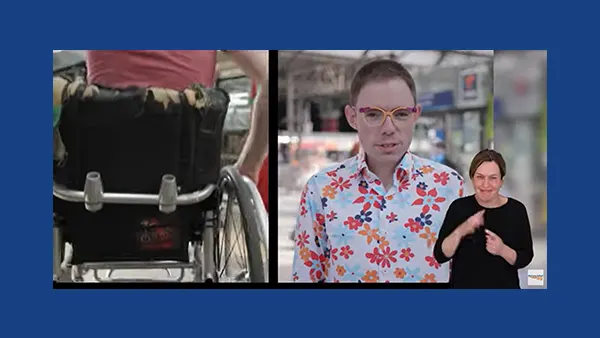 A split image showing a wheelchair user on the left, and a person in a floral shirt with a sign language interpreter on the right.