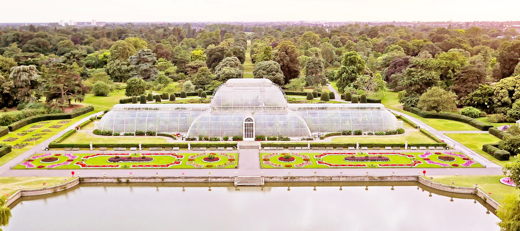 A daytime aerial view of the huge greenhouse at Kew Gardens.