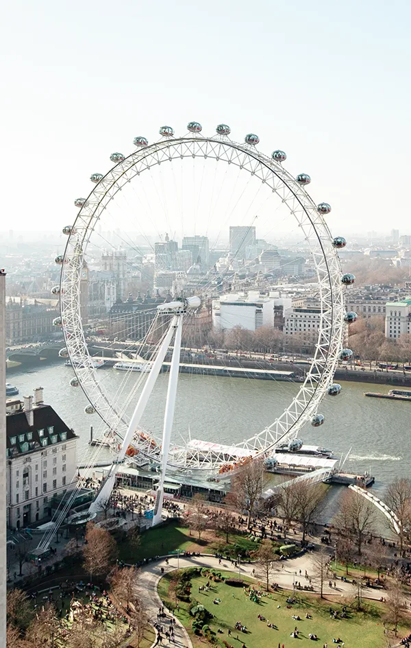 Aerial view of the London Eye with the River Thames behind. 
