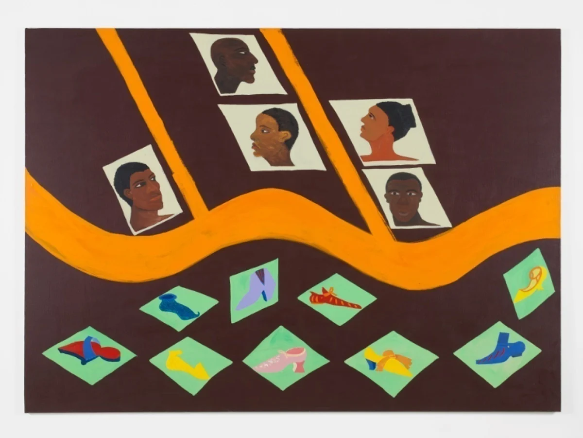 Artwork with profile portraits of Black people above an orange wavy line and an array of colourful shoe illustrations on green squares below.