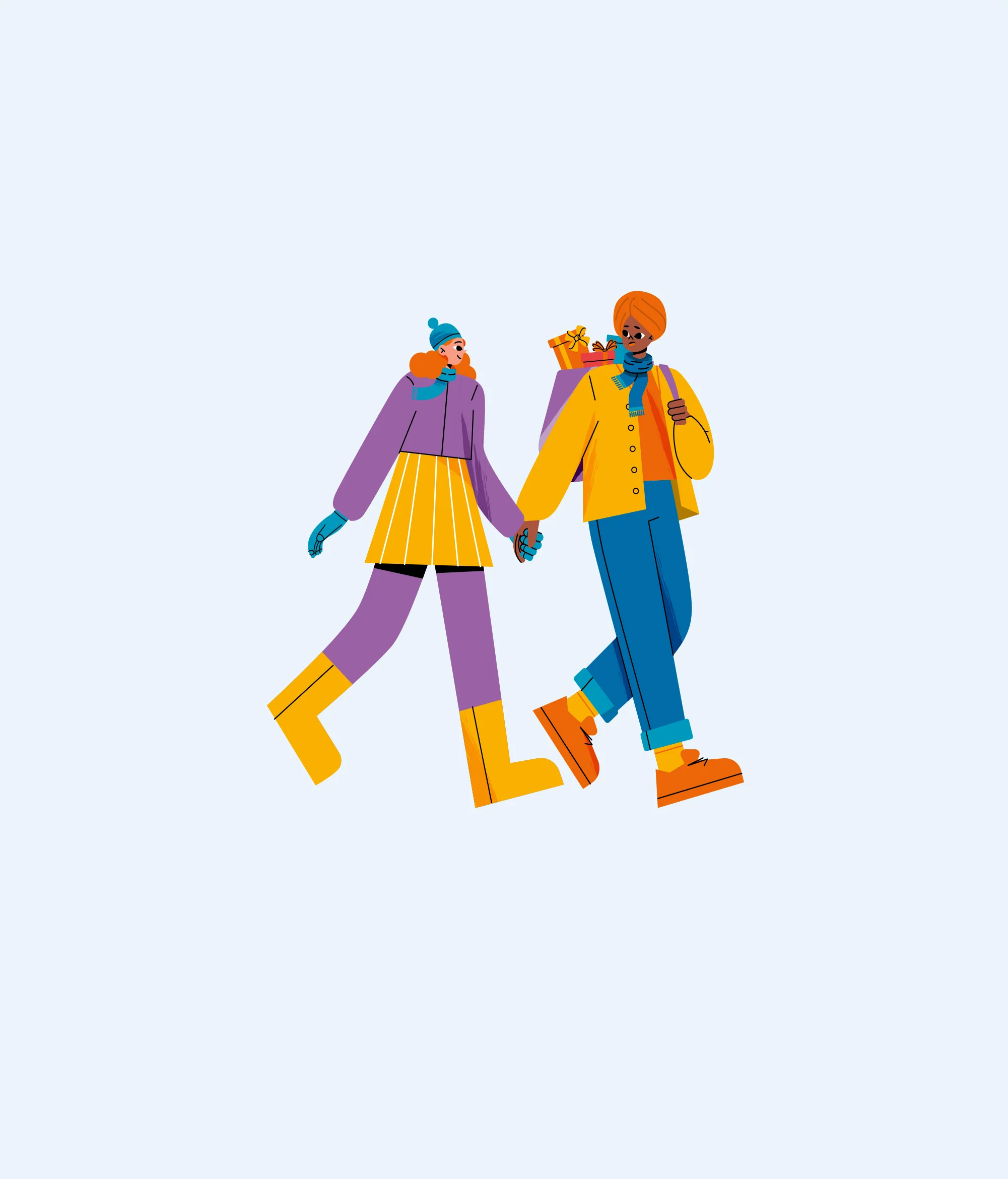 Illustration of 2 people in brightly coloured winter clothing walking hand in hand against a pale blue background. 
