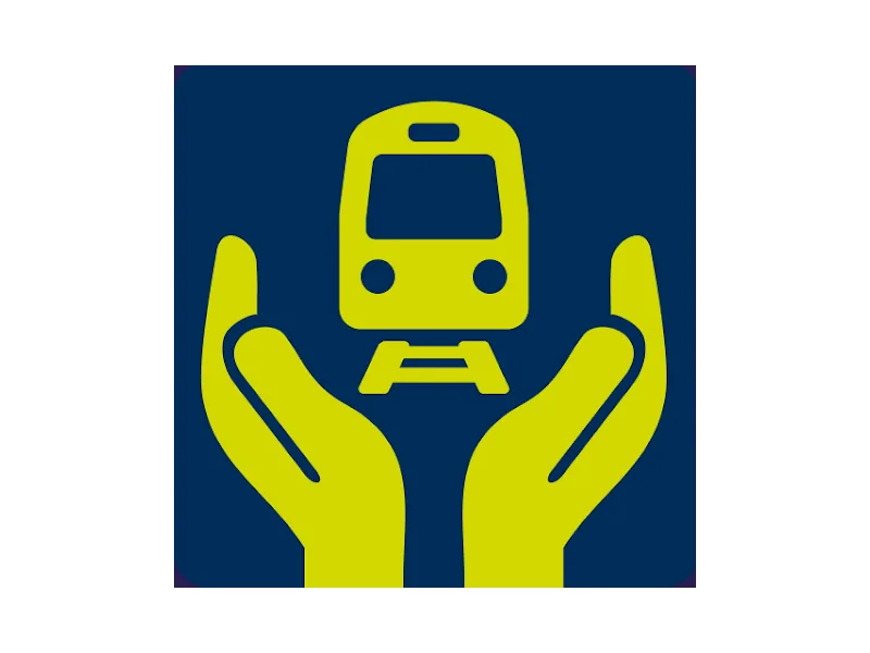 A simple line drawing of a pair of hands holding a train on a track: the logo for the British Transport Police Railway Guardian app