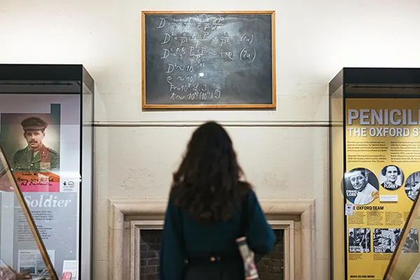 A woman with long dark wavy hair standing in a museum and looking up at a blackboard with equations on it, mounted over a doorway.